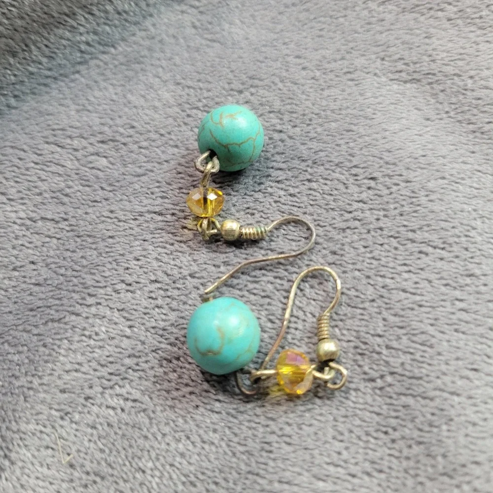 Turquoise Blue Amber Glass‎ Bead Silver Tone Boho Drop Dangle Earrings Women